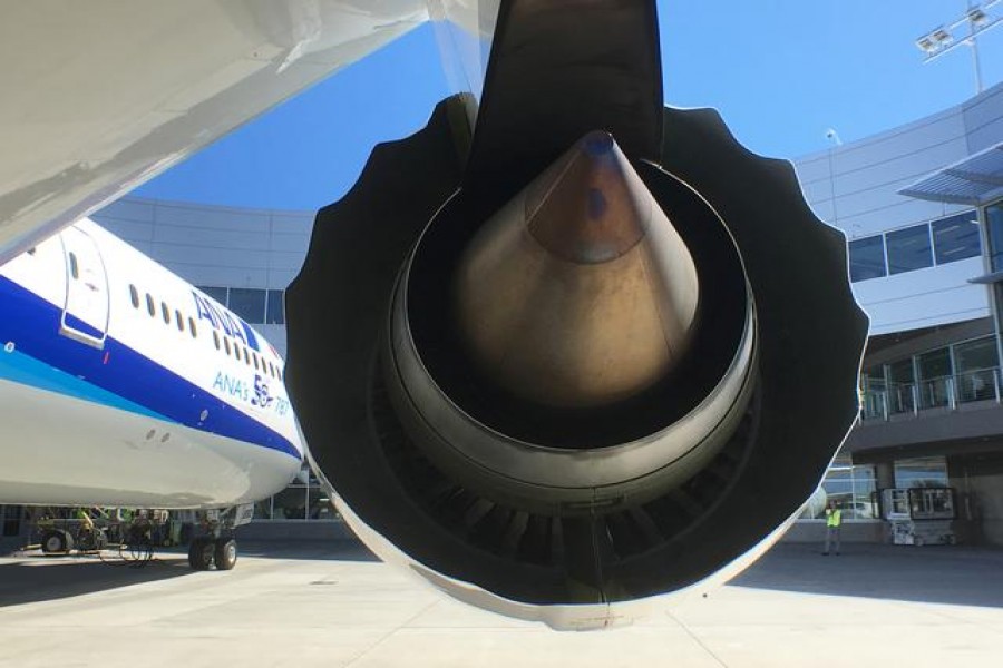 FILE PHOTO: A Rolls-Royce engine is seen on a Boeing 787-9 Dreamliner owned by ANA Holdings Inc. in Everett, Washington, U.S. August 17, 2016. REUTERS/Alwyn Scott/File Photo