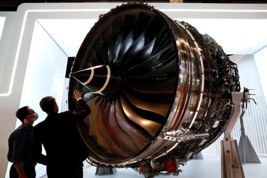 People look at Rolls Royce's Trent Engine displayed at the Singapore Airshow in Singapore on February 11, 2020 — Reuters/Files