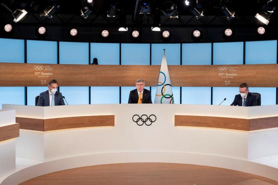 International Olympic Committee President Thomas Bach opens the 2nd of the 137th IOC Session and virtual meeting in Lausanne, Switzerland, March 11, 2021 – Greg Martin/IOC/Handout via Reuters