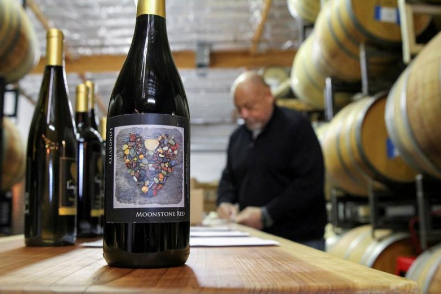 A bottle of Longevity Wines' Moonstone Red sits on a table at the winery in Livermore, California, US, February 17, 2021 — Reuters/Files