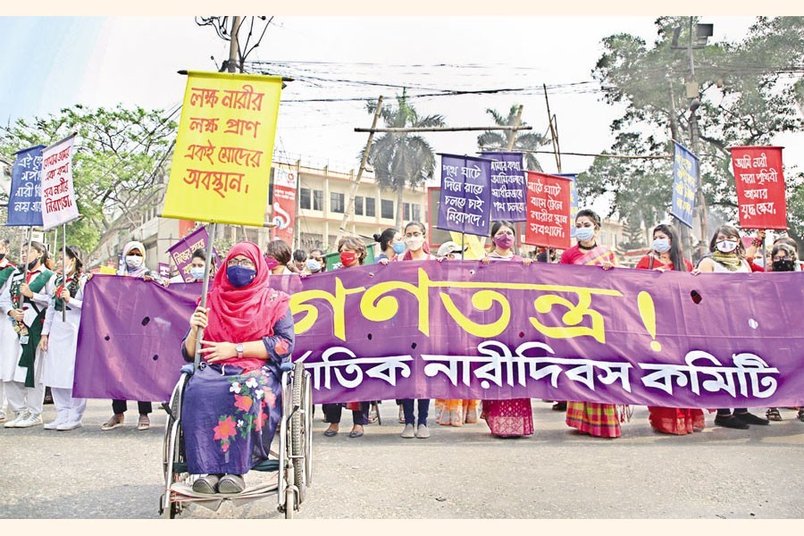 The International Women's Day Committee - comprising 50 organisations, alliances, networks, and forums - bringing out a march from Noor Hossain Square at Gulistan in the city on Friday, demanding repeal of the Digital Security Act (DSA), among other issues — Collected