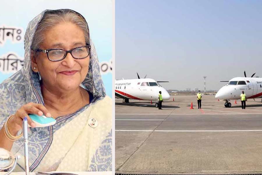 Prime Minister Sheikh Hasina inaugurating two new Dash-8 Q400 aircraft, ‘Akashtori’ and ‘Shwetbalaka’, of Biman through a videoconference on Sunday –PID Photo