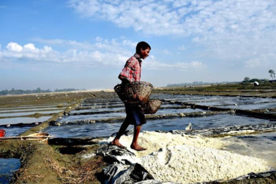 A farmer works in a salt bed at Moheshkhali upazila of Cox's Bazar, the country's biggest salt producing area that supplies largest portion of domestic demand — Xinhua/Files