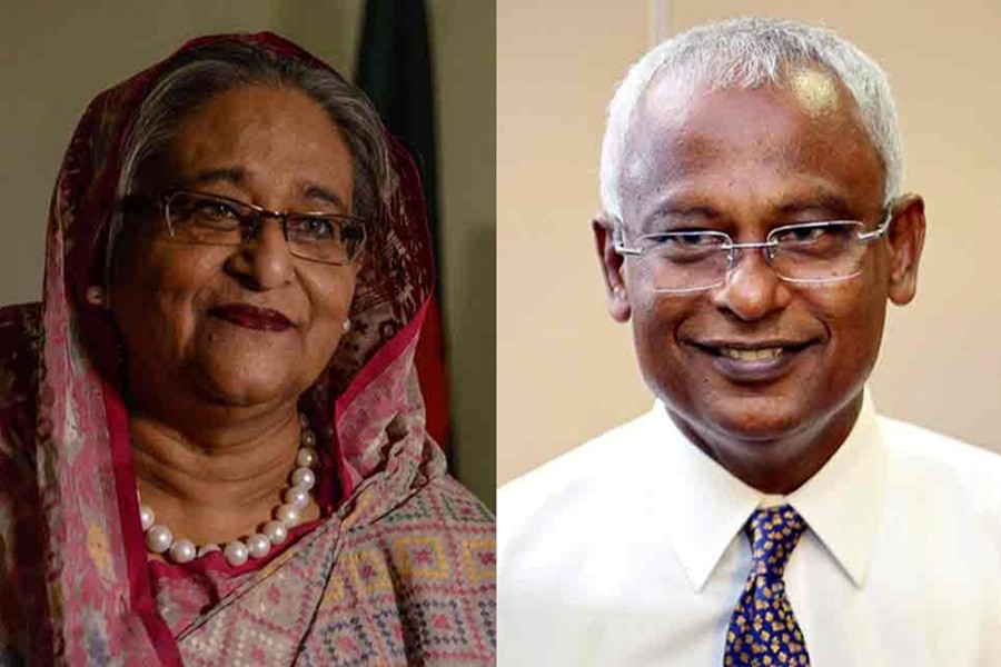 Bangladesh Prime Minister Sheikh Hasina and Maldives President Ibrahim Mohamed Solih (right) are seen in this combination photo