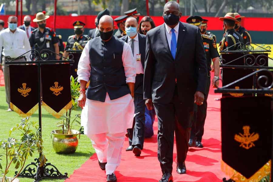 India's Defence Minister Rajnath Singh and US Secretary of Defense Lloyd Austin leaving after a ceremonial reception in New Delhi on Saturday –Reuters photo