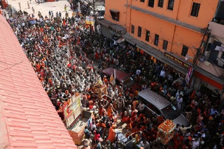 Naga Sadhus, or Hindu holy men, leave the banks of the Ganges river after the first Shahi Snan at "Kumbh Mela", or the Pitcher Festival, in Haridwar, India, March 11, 2021 — Reuters