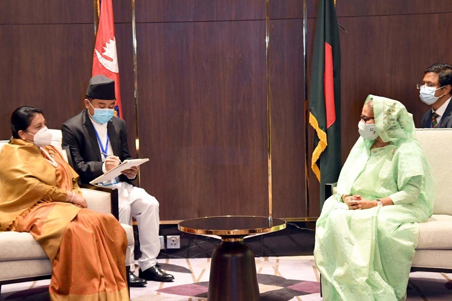 Prime Minister Sheikh Hasina meeting Nepalese President Bidya Devi Bhandari at Hotel InterContinental in Dhaka on Monday –PID Photo