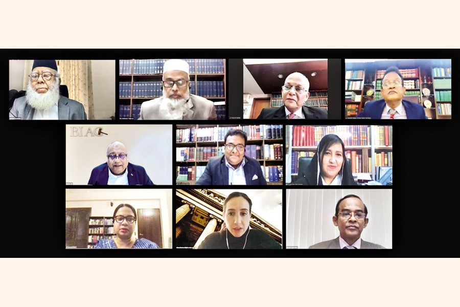 Chairman of the board of the Bangladesh International Arbitration Centre (BIAC) Mahbubur Rahman, (top, extreme left), and BIAC Chief Executive Officer Muhammad A. (Rumee) Ali, (middle row, extreme left), among others, at the 12th webinar organised by the BIAC on 'Dispute Resolution Legislation of Bangladesh: Required Reforms' on Monday