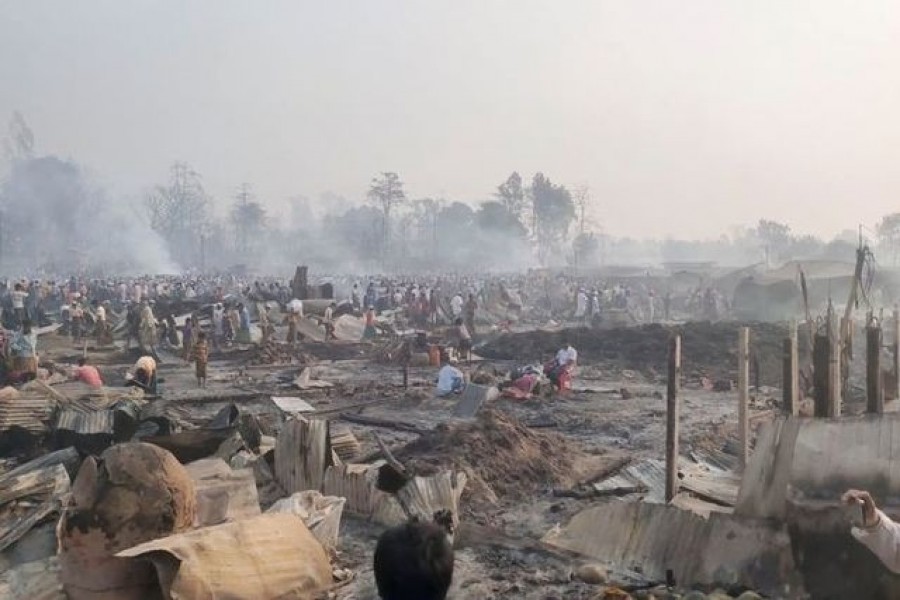 Aftermath of a fire at Rohingya Balukhali refugee camp in Cox's Bazar, Bangladesh on March 23, 2021 in this still image obtained from a social media video — Ro Yassin Abdumonab via Reuters