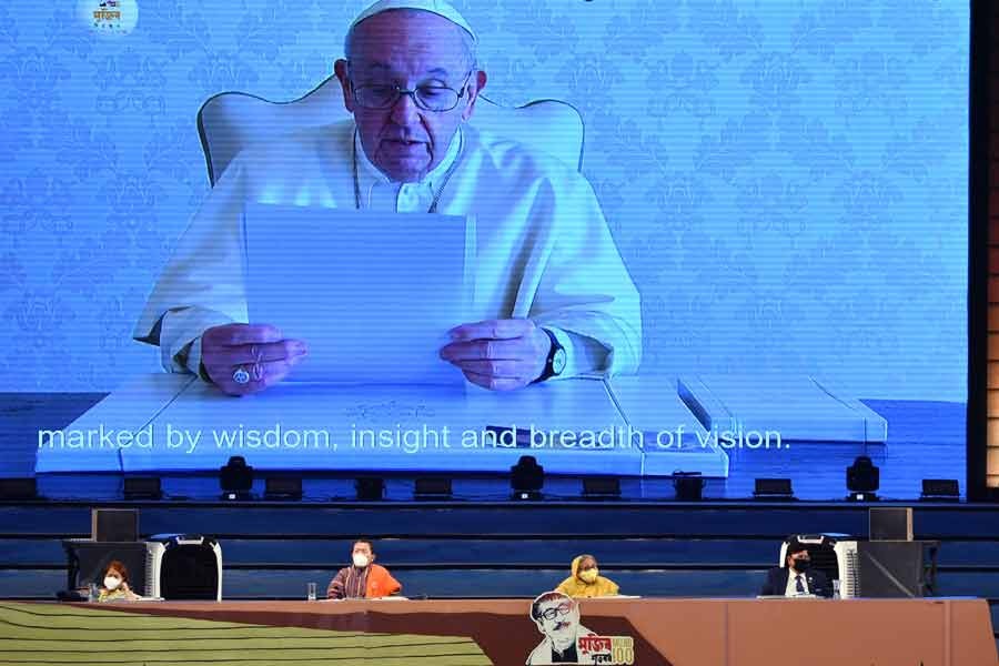 Pope Francis delivering a pre-recorded video message marking the birth centenary of the Father of the Nation Bangabandhu Sheikh Mujibur Rahman –PID Photo