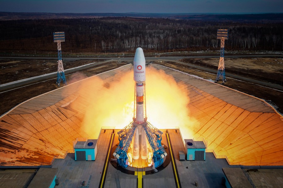 A Soyuz-2.1b rocket booster with a Fregat upper stage and satellites of British firm OneWeb blasts off from a launchpad at the Vostochny Cosmodrome in Amur Region, Russia on March 25, 2021 — Roscosmos /Handout via Reuters