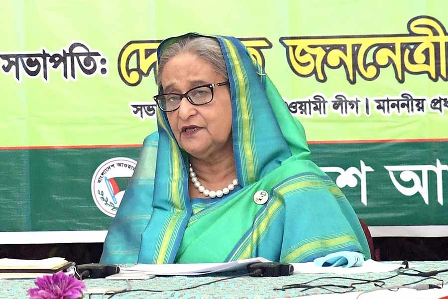 Prime Minister Sheikh Hasina addressing a programme organised by Awami League marking the golden jubilee of the country’s independence virtually from Ganabhaban –PID Photo