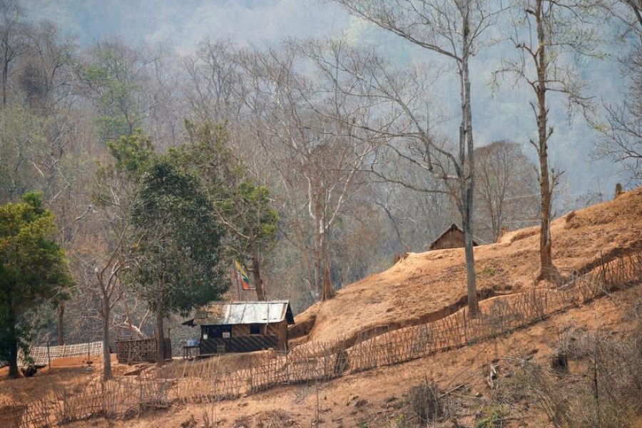 A Myanmar army frontline post is seen from a Thai side on the Thanlwin also known as Salween River bank in Mae Hong Son, Thailand March 25, 2021. REUTERS/Soe Zeya Tun