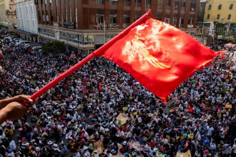 Demonstrators protest against the military coup in Yangon, Myanmar, February 17, 2021 — Reuters/Stringer   