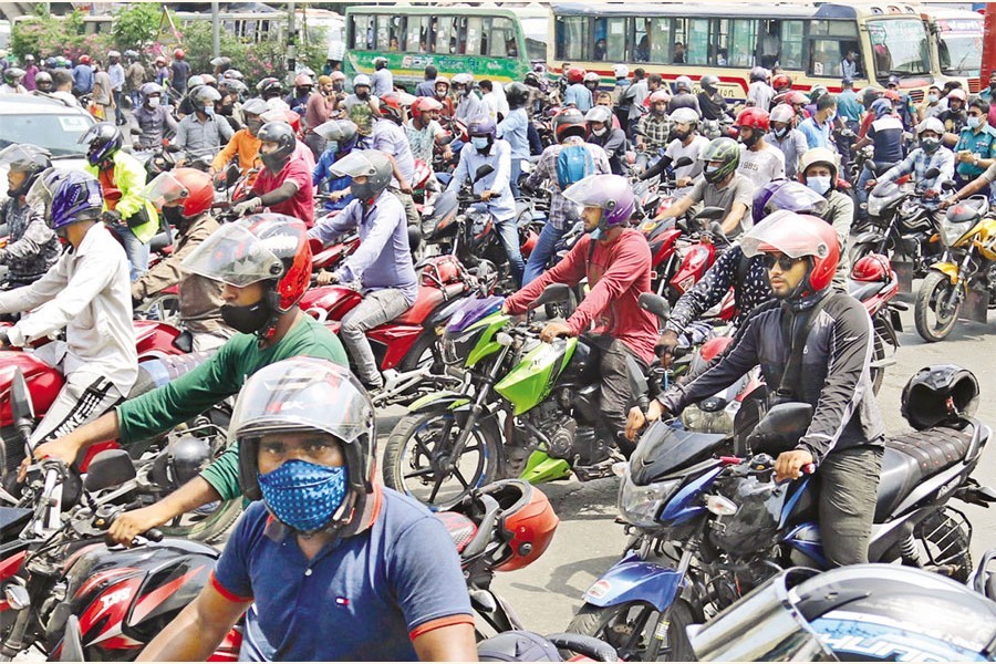 Motorcyclists staging protest recently in Dhaka against a move to halt ride-sharing services amid a sharp rise in coronavirus cases in the country —FE file photo