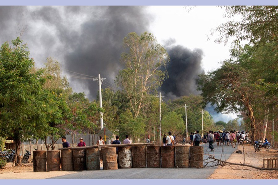 Demonstrators are seen before a clash with security forces in Taze, Sagaing Region, Myanmar April 7, 2021, in this image obtained by Reuters.   