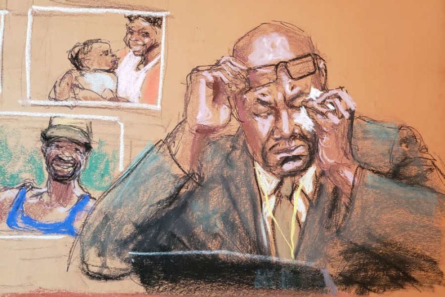 Philonise Floyd speaks about his brother as he answers questions on the eleventh day of the trial of former Minneapolis police officer Derek Chauvin for second-degree murder, third-degree murder and second-degree manslaughter in the death of George Floyd in Minneapolis, Minnesota, US, April 12, 2021, in this courtroom sketch — Reuters