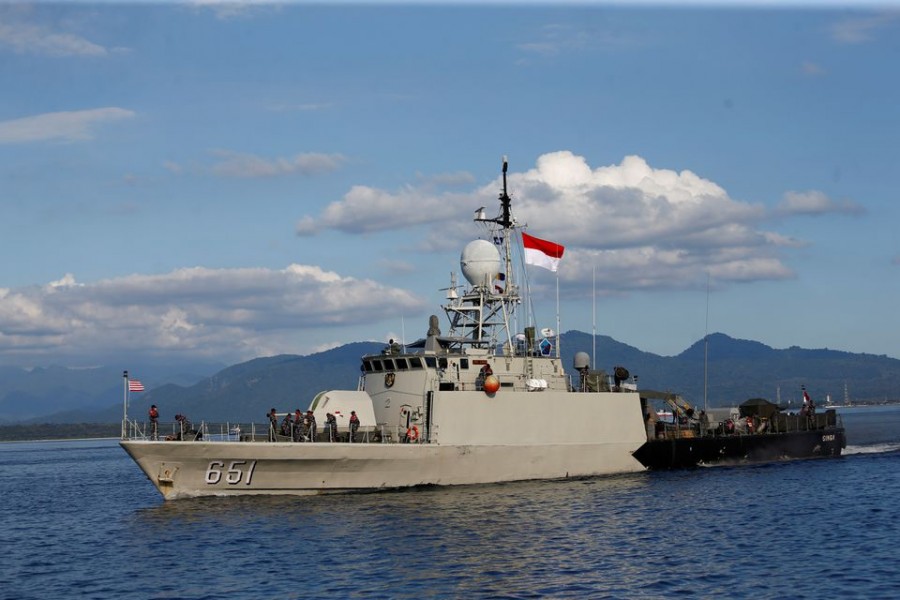 Indonesian Navy's KRI Singa-651 leaves the Tanjung Wangi port as the search continues for the missing KRI Nanggala-402 submarine in Banyuwangi, East Java Province Indonesia, April 24, 2021. REUTERS/Ajeng Dinar Ulfiana