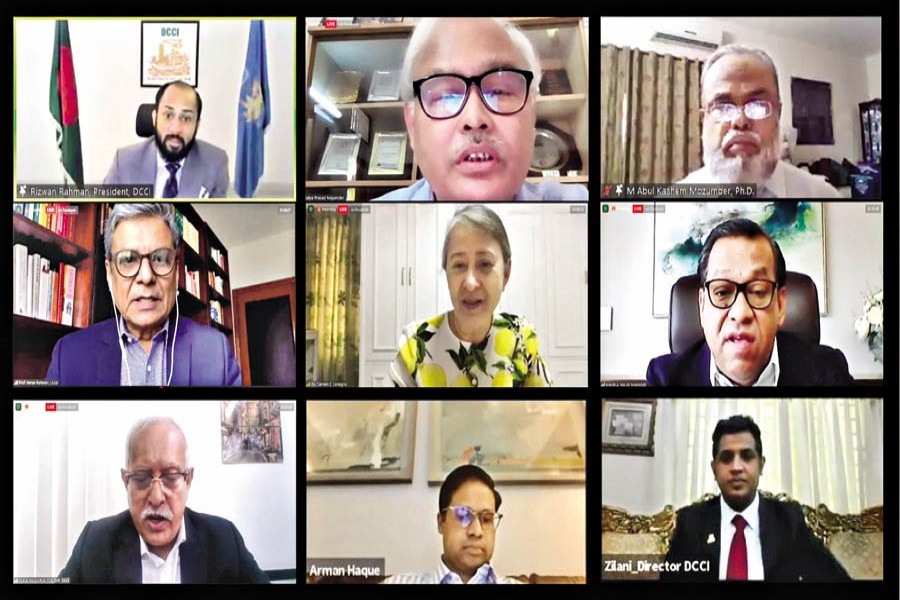 (Top, from left) DCCI President Rizwan Rahman, BUET Vice Chancellor Prof. Satya Prasad Majumder, Pro-Vice Chancellor of Bangladesh University of Professionals M Abul Kashem Mozumder and other distinguished persons take part in a webinar on 'Industry and Academia Linkage: Role of Academia' organised by the Dhaka Chamber of Commerce & Industry (DCCI) on Saturday