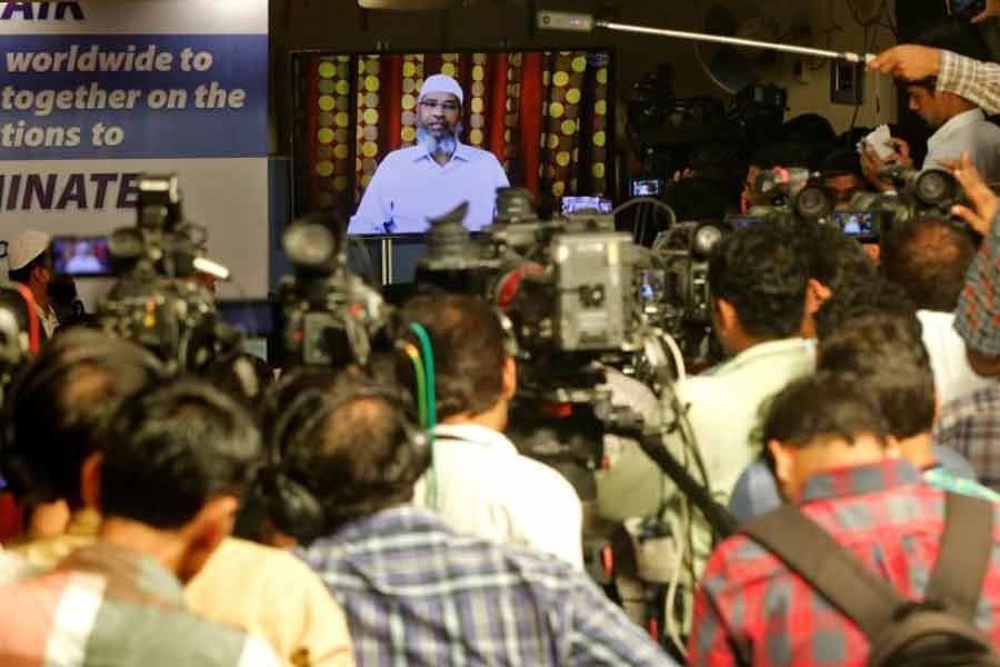 Zakir Naik, an Indian Islamic preacher and founder of Islamic Research Foundation, speaking to the media via a videoconference in Mumbai in 2016 -Reuters file photo