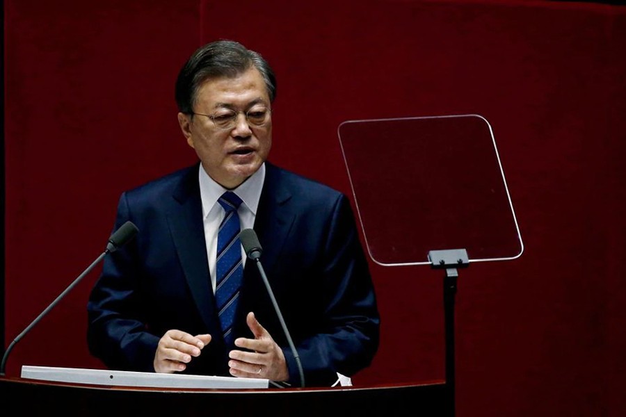 South Korean President Moon Jae-in speaks at the National Assembly in Seoul, South Korea on October 28, 2020 — Pool via REUTERS