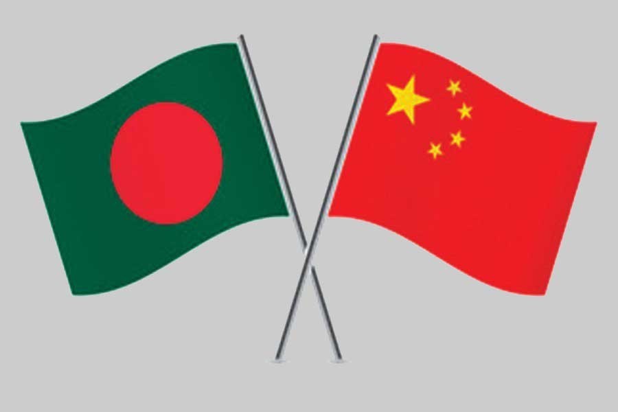 Bangladesh and China flags are seen cross-pinned in the image, symbolising friendship between the two nations