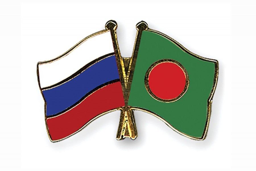 Flags of Bangladesh and Russia are seen cross-pinned in the image, symbolising friendship between the two nations