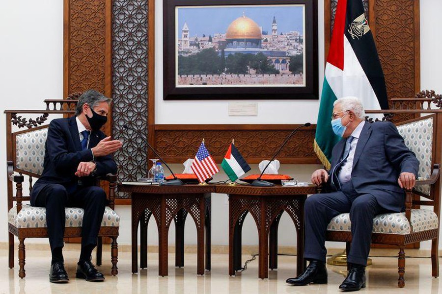 US Secretary of State Antony Blinken speaks with Palestinian President Mahmoud Abbas, in the West Bank city of Ramallah on May 25, 2021 — Pool via REUTERS