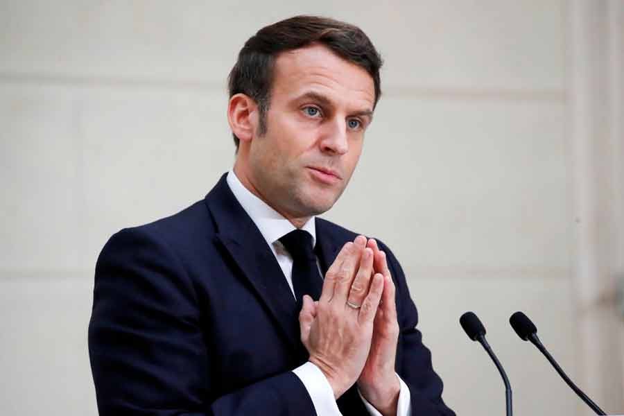 French President Emmanuel Macron delivering a speech to the French Bakery and Pastry Federation members next to the traditional epiphany cake, at the Elysee Palace, in Paris on January 13 this year –Reuters file photo