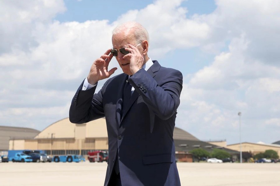 US President Joe Biden takes off his sunglasses to speak to media ahead of his departure from Washington for travel to Cleveland, Ohio at Joint Base Andrews, Maryland, US on May 27, 2021 — Reuters/Files