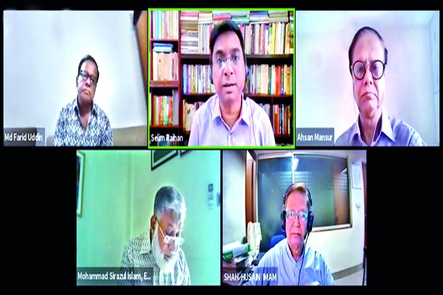 The Financial Express (FE) organised Episode-II of the FE Budget Dialogue Series styled 'Business Profitability and Competitiveness in Bangladesh' on Saturday. (Top, from left) former member (VAT) of NBR Md. Farid Uddin, SANEM Executive Director Dr. Selim Raihan, PRI Executive Director Dr. Ahsan H. Mansur and (bottom, right) FE Editor Shah Husain Imam, among others, took part in the webinar. Story on Page 1