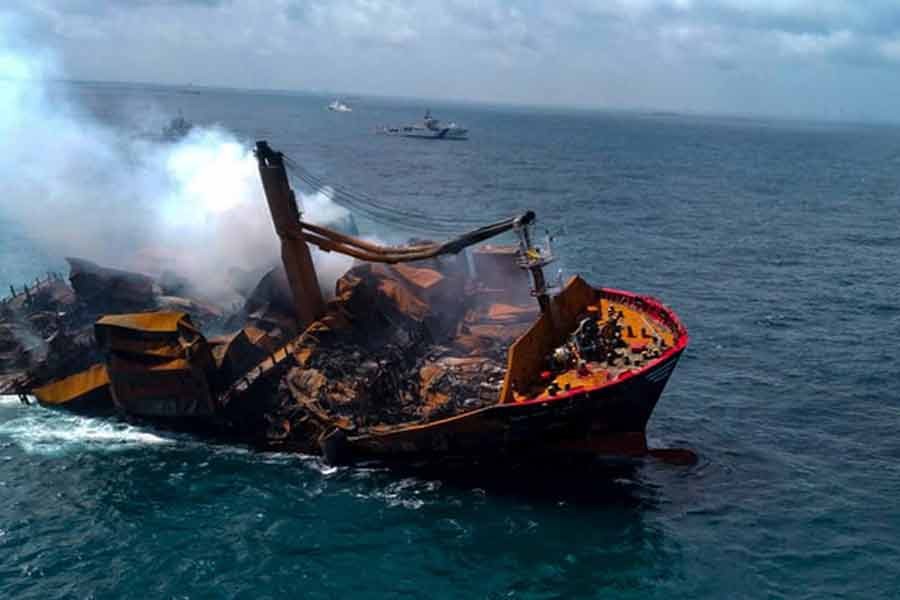 Smoke rising from a fire onboard the MV X-Press Pearl vessel as it sinks while being towed into deep sea off the Colombo Harbour in Sri Lanka on June 2 –Reuters Photo