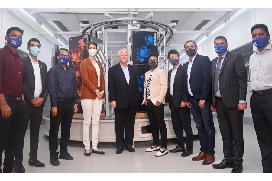 German Ambassador in Dhaka Peter Fahrenholtz and Deputy Head of Mission Constanza Zahringer, along with Walton’s higher officials, pose for a photograph while vising the refrigerator manufacturing unit at Walton Hi-Tech Park at Chandra in Gazipur on Thursday.