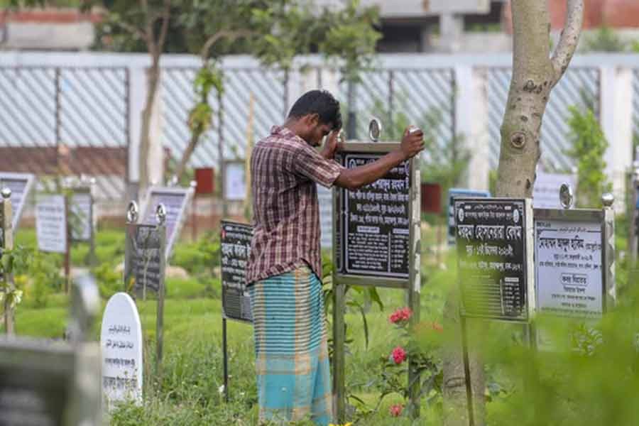 A man setting a plaque for a victim of the coronavirus at Rayerbazar Graveyard in Dhaka on Friday -bdnews24.com photo