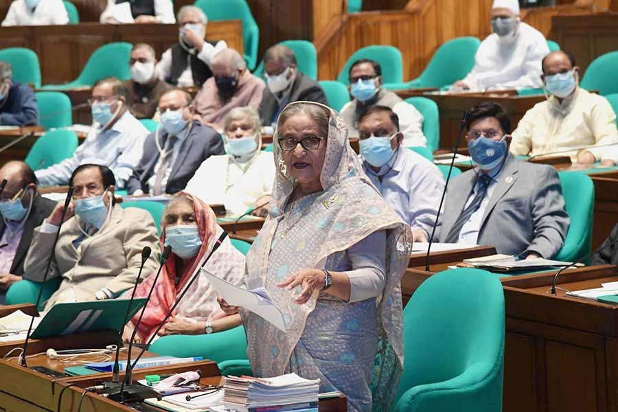 Prime Minister Sheikh Hasina taking part in the general discussion on the budget as the Leader of the House in the 13th session (Budget Session) of the 11th Parliament on Tuesday -PID Photo