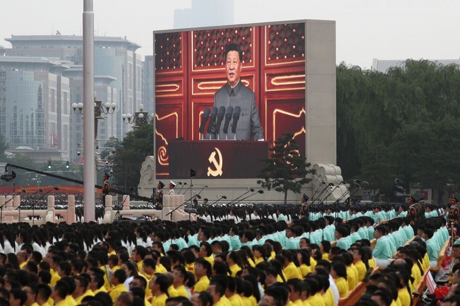 Chinese President Xi Jinping is seen on a giant screen as he delivers a speech at the event marking the 100th founding anniversary of the Communist Party of China, on Tiananmen Square in Beijing, China on July 1, 2021 — Reuters photo