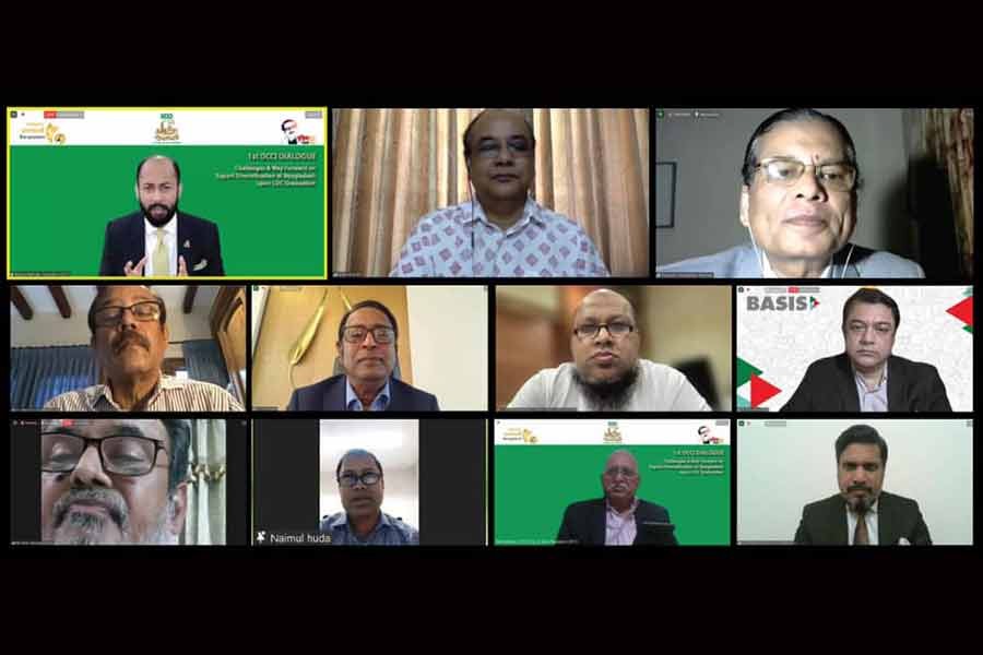 Participants at a virtual dialogue on “Challenges and way forward on export diversification of Bangladesh upon LDC graduation”, arranged by the DCCI, on Wednesday