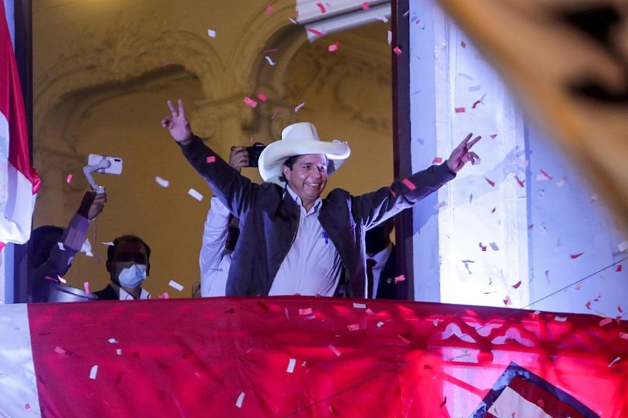 Pedro Castillo addresses supporters from the headquarters of the "Free Peru" party in Lima, Peru on June 15, 2021 — Reuters/Files