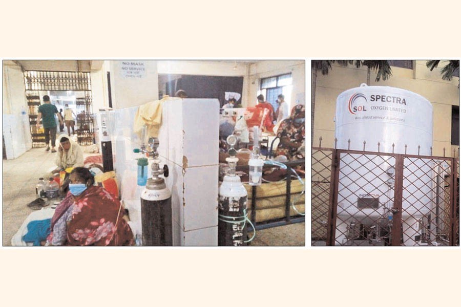 Corona patients are on the floor at Chandpur General Hospital (left), liquid Oxygen Plant on the hospital premises (right) — FE Photos