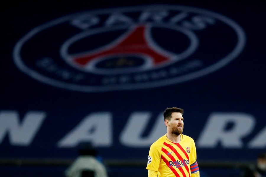 Barcelona's Lionel Messi looks dejected after the match Paris St Germain in Champions League, Round of 16 Second Leg at Parc des Princes, Paris, France on March 10, 2021 — Reuters/Files