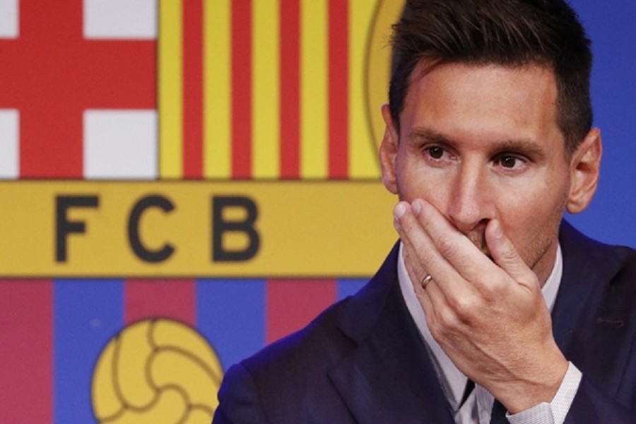 Football - Lionel Messi holds an FC Barcelona press conference - 1899 Auditorium, Camp Nou, Barcelona, Spain - August 8, 2021 Lionel Messi during the press conference REUTERS