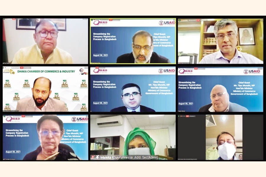 (Top from left) Commerce Minister Tipu Munshi, BUILD Chairperson Abul Kasem Khan, and (left, 2nd row) DCCI President Rizwan Rahman and other distinguished persons take part in a webinar on 'Streamlining Company Registration Process in Bangladesh' organised by the Business Initiative Leading Development on Sunday