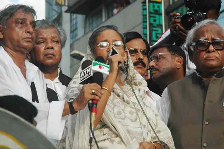 Awami League President Sheikh Hasina, incumbent prime minister and the then opposition leader in parliament, addressing a rally Bangabandhu Avenue on August 21, 2004. -Focus Bangla file photo