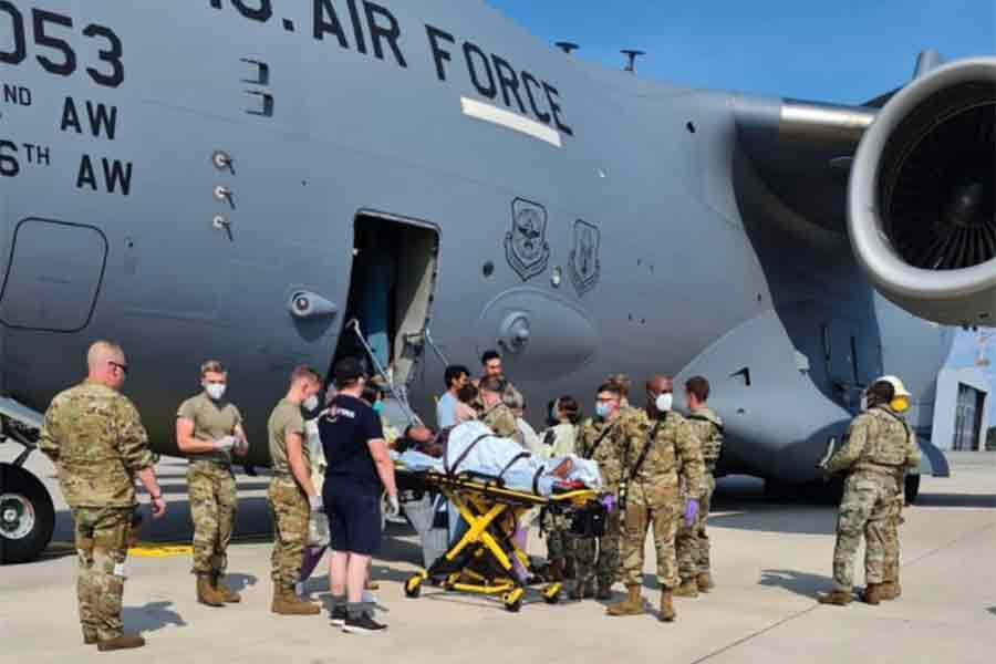 Medical staff helped deliver the baby in the plane's cargo hold at Ramstein Air Base in Germany. Photo: US Air Mobility Command