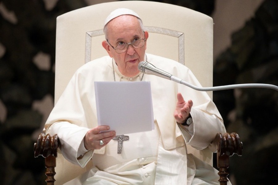 Pope Francis speaks during the weekly general audience at the Paul VI Audience Hall at the Vatican, August 18, 2021. Vatican Media/Handout via REUTERS