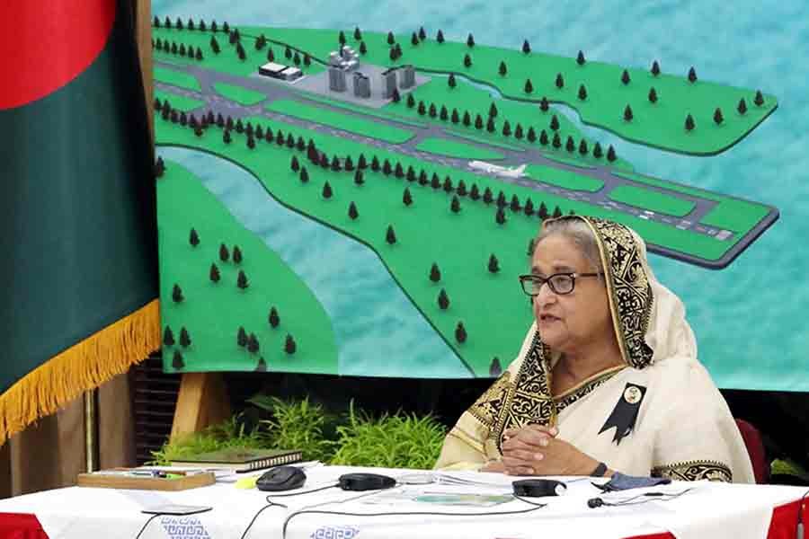 Prime Minister Sheikh Hasina addressing the inaugural function of the extension work of Cox’s Bazar Airport runway via video conference on Sunday -PID Photo