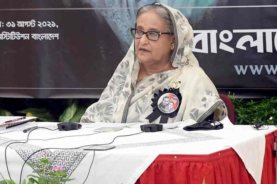 Prime Minister Sheikh Hasina addressing an event, arranged by Bangladesh Chhatra League, through a video conference from Ganabhaban on Tuesday -PID Photo