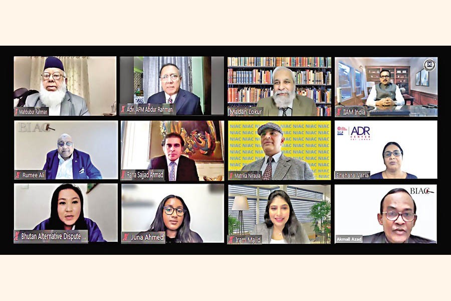 BIAC Chairman Mahbubur Rahman (top, left) and other distinguished persons take part in a webinar on 'ADR Landscape in the South Asia Region: Suggested Reforms' organised by BIAC jointly with Indian Institute of Arbitration & Mediation (IIAM) on Sunday