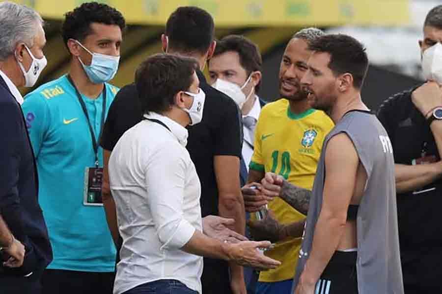 Argentina's Lionel Messi and Brazil's Neymar are seen as their South American Qualifier match play is interrupted after Brazilian health officials objected to the participation of three Argentine players they say broke quarantine rules during in Sao Paulo of Brazil on Sunday -Reuters file photo