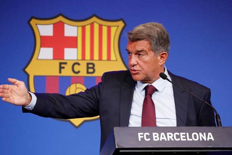 FC Barcelona Press Conference - 1899 Auditorium, Barcelona, Spain - August 6, 2021 FC Barcelona president Joan Laporta during the press conference REUTERS